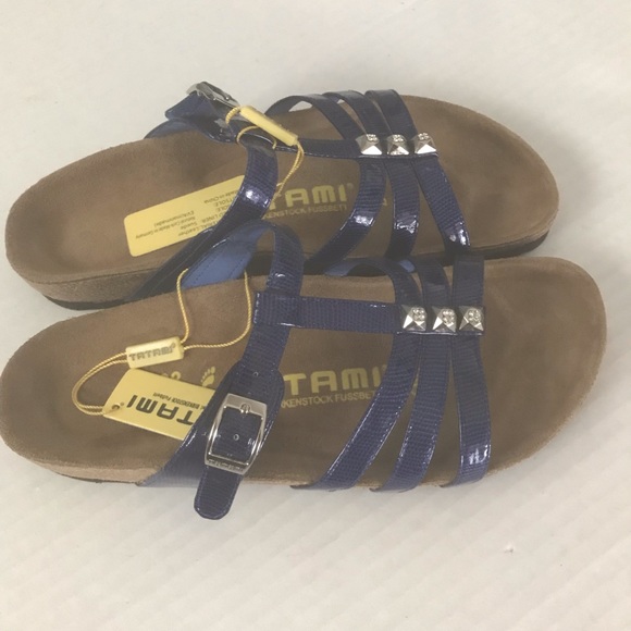 NEW BIRKENSTOCKS Blue Rhinestone Leather Suede Cork Sandals Tatami Size 38 US 7 - Picture 12 of 13